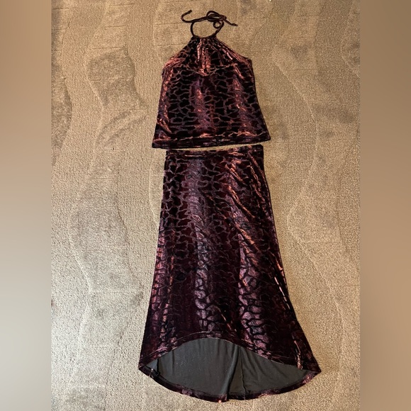 San Joy Dresses & Skirts - 2-Piece Vintage Velour Velvet Animal Print Set Halter Top & High Low Midi Skirt